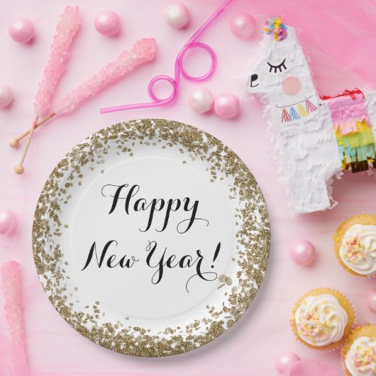 Gelukkig Nieuwjaar Elegant Goud en Wit Papieren Bordje (Feest)