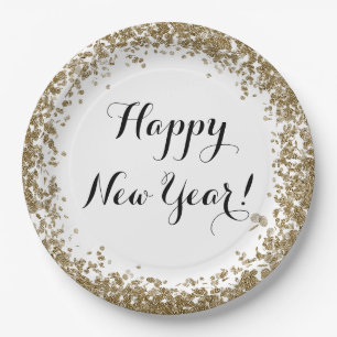 Gelukkig Nieuwjaar Elegant Goud en Wit Papieren Bordje