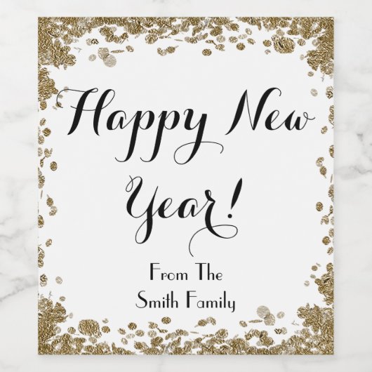 Gelukkig Nieuwjaar Elegant Goud en Wit Wijn Etiket (Enkel label)