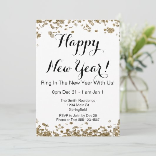 Gelukkig Nieuwjaar Elegant Goud en Witte Confetti Kaart (Staand voorkant)