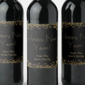 Gelukkig nieuwjaar elegant goud en zwart glitter wijn etiket