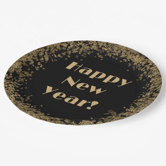 Gelukkig Nieuwjaar Elegant Goud Glitter en Zwart Papieren Bordje (Gekanteld)