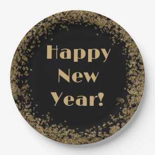 Gelukkig Nieuwjaar Elegant Goud Glitter en Zwart Papieren Bordje