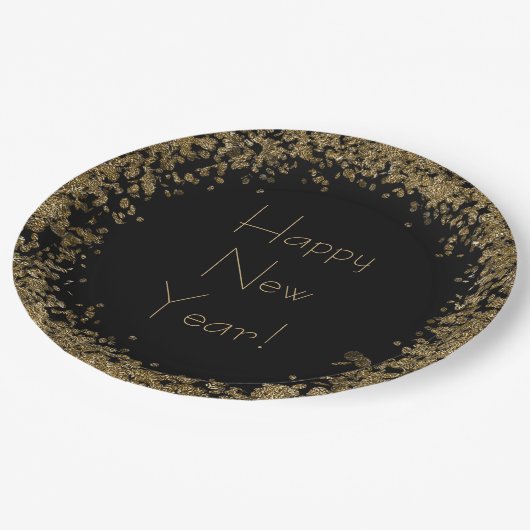 Gelukkig Nieuwjaar Elegant Zwart en Goud Glitter Papieren Bordje (Gekanteld)