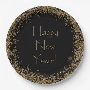 Gelukkig Nieuwjaar Elegant Zwart en Goud Glitter Papieren Bordje