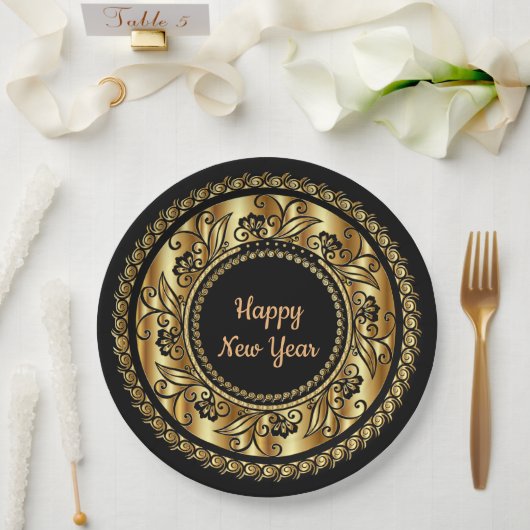 Gelukkig Nieuwjaar, elegant zwart en goud, Papieren Bordje (Huwelijk)