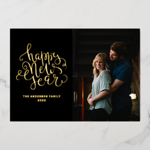 Gelukkig nieuwjaar. Elegante zwart gouden script f Folie Feestdagenkaart