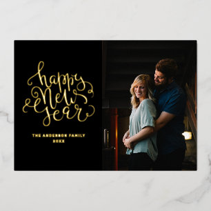Gelukkig Nieuwjaar. Elegante zwarte gouden script  Folie Feestdagenkaart
