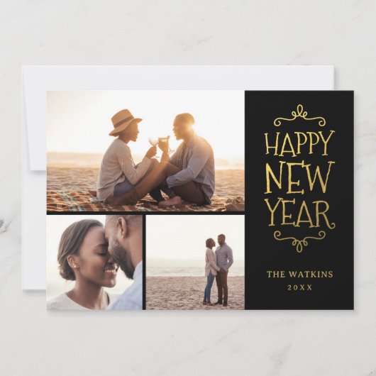 Gelukkig Nieuwjaar Faux Folie 3 Fotocollage Feestdagenkaart (Voorkant)