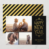 Gelukkig Nieuwjaar Faux Folie 3 Fotocollage Feestdagenkaart (Voorkant / Achterkant)