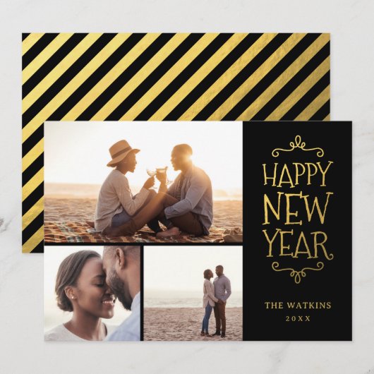 Gelukkig Nieuwjaar Faux Folie 3 Fotocollage Feestdagenkaart (Voorkant / Achterkant)