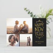 Gelukkig Nieuwjaar Faux Folie 3 Fotocollage Feestdagenkaart (Staand voorkant)