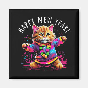 Gelukkig Nieuwjaar Feest Dansende Kat Ontwerp Magneet