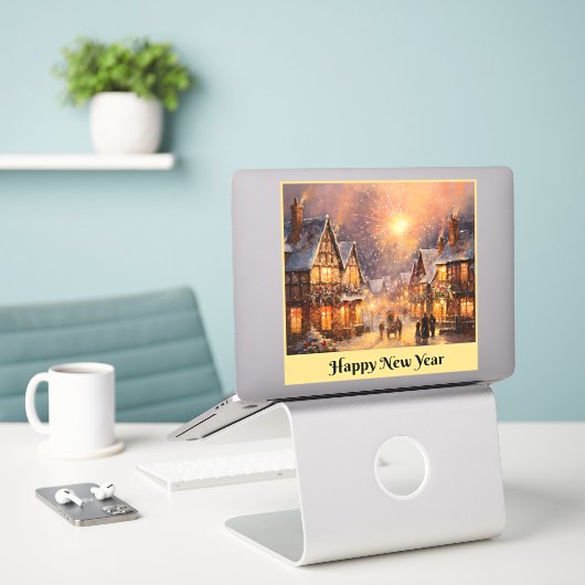 Gelukkig nieuwjaar feest sticker (Laptop op bureau)