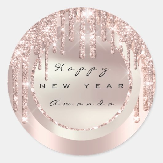 Gelukkig Nieuwjaar Feestnaam Drips Roze Glitter Ronde Sticker (Voorkant)