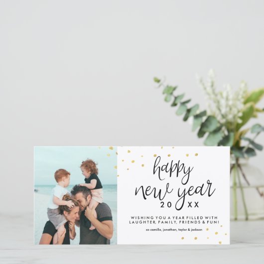 Gelukkig Nieuwjaar Foto Feestelijke Chic Gold Conf Feestdagenkaart (Staand voorkant)