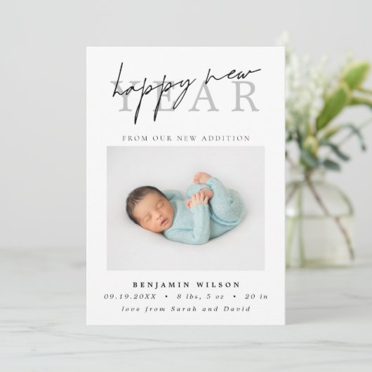 Gelukkig Nieuwjaar Foto Geboorte Aankondiging (Staand voorkant)