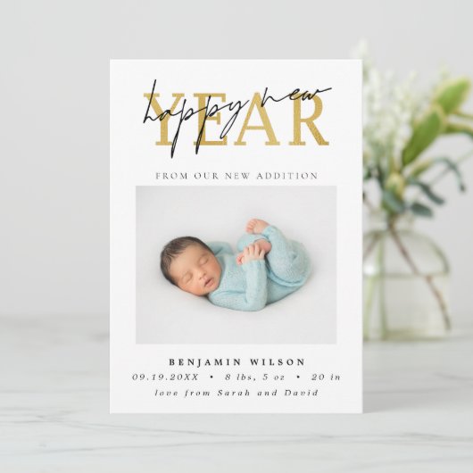 Gelukkig Nieuwjaar Foto Geboorte Aankondiging (Staand voorkant)