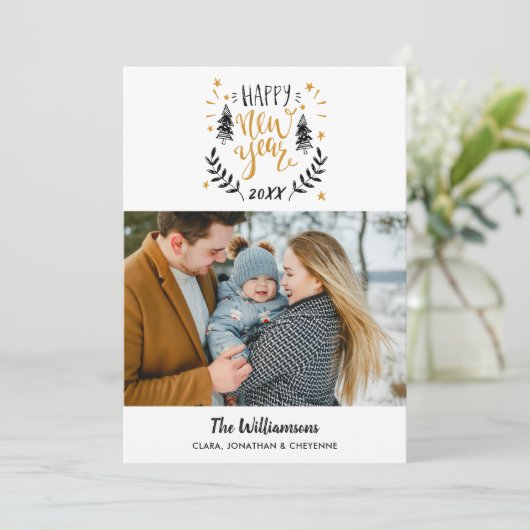 Gelukkig Nieuwjaar Foto Leuk Feestelijke Hand getr Feestdagenkaart (Staand voorkant)