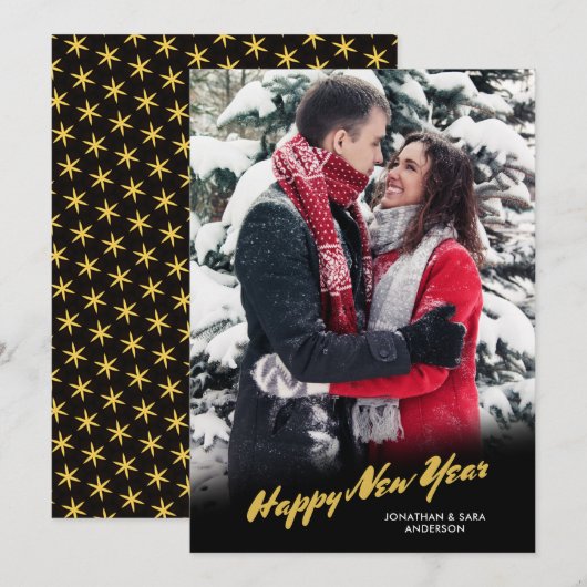 Gelukkig Nieuwjaar Gold Script Foto Feestdagenkaart (Voorkant / Achterkant)