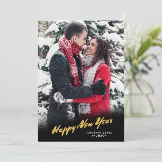 Gelukkig Nieuwjaar Gold Script Foto Feestdagenkaart (Staand voorkant)