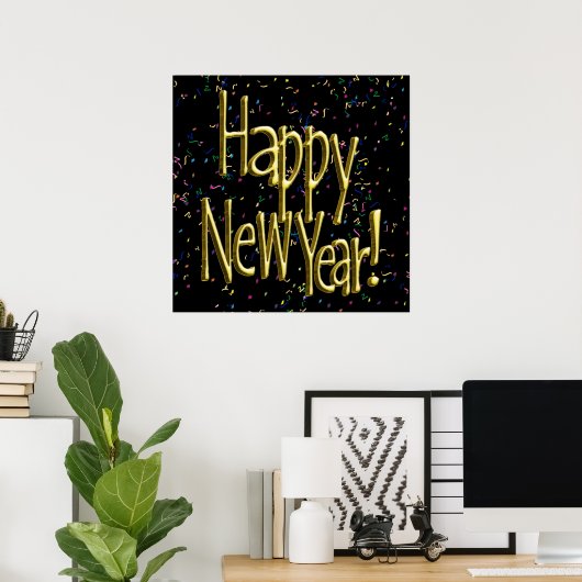 Gelukkig nieuwjaar - Gold Text op zwarte Confetti Poster (Thuiskantoor)