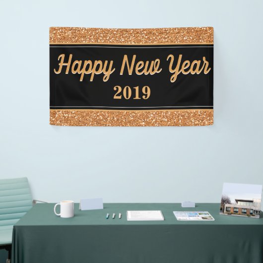 Gelukkig Nieuwjaar Goud Glitter Zwart Spandoek (Beurs)