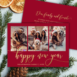 Gelukkig Nieuwjaar Goud Schrift Rood 3 Foto Collag Feestdagenkaart