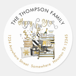 Gelukkig Nieuwjaar Goud Zwart Return Naam Adres Ronde Sticker