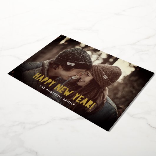 Gelukkig nieuwjaar. Goudeenvoudige typografie Folie Feestdagenkaart (Gedraaid)