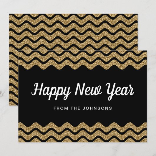Gelukkig Nieuwjaar Gouden Glitters Zwarte Strepen Feestdagenkaart (Voorkant / Achterkant)