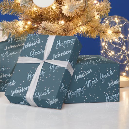 Gelukkig Nieuwjaar Gouden Script Blauw Celesty Gri Cadeaupapier (Feestdagen)