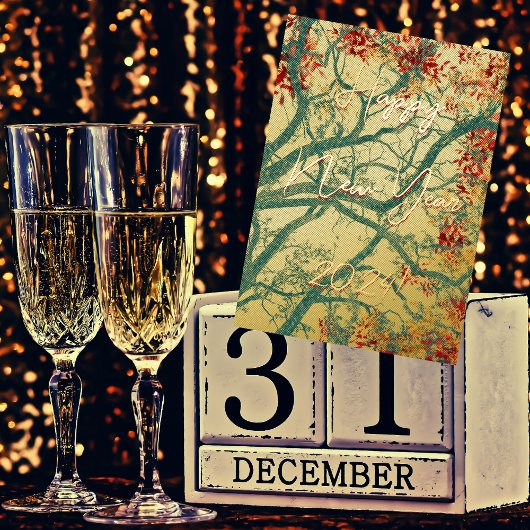 Gelukkig Nieuwjaar groene boom rode bladeren Folie Wenskaart