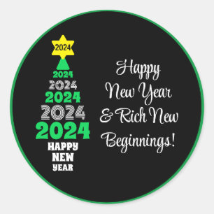 Gelukkig Nieuwjaar Groene en Witte Boom Feestelijk Ronde Sticker
