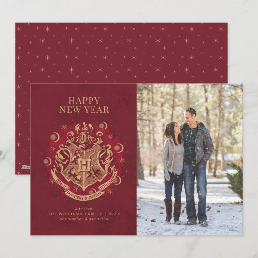 Gelukkig Nieuwjaar | HOGWARTS™ Crest Family Foto Feestdagenkaart (Voorkant / Achterkant)