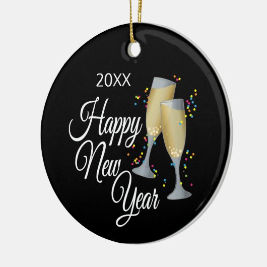 Gelukkig Nieuwjaar I Champagneglazen en Confetti Keramisch Ornament (Links)