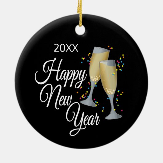 Gelukkig Nieuwjaar I Champagneglazen en Confetti Keramisch Ornament (Achterkant)