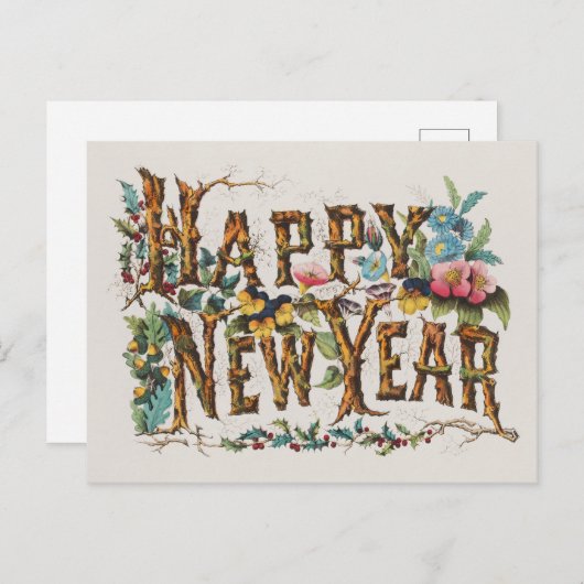 Gelukkig nieuwjaar in boomstammen, eikels en bloem briefkaart (Voorkant / Achterkant)