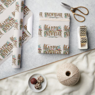 Gelukkig Nieuwjaar in Boomstammen, Eikels en Bloem Cadeaupapier