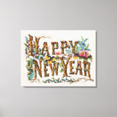 Gelukkig nieuwjaar in boomstammen, eikels en bloem canvas afdruk (Voorkant)