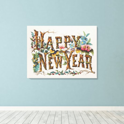 Gelukkig nieuwjaar in boomstammen, eikels en bloem canvas afdruk (Insitu (Houten vloer))