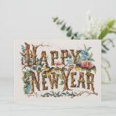 Gelukkig nieuwjaar in boomstammen, eikels en bloem kaart (Staand voorkant)