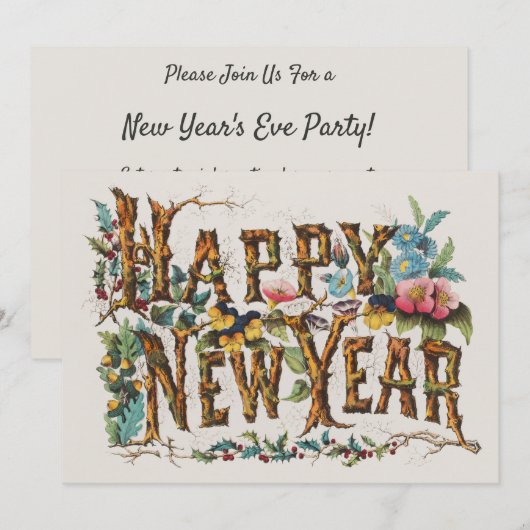 Gelukkig nieuwjaar in boomstammen, eikels en bloem kaart (Voorkant / Achterkant)