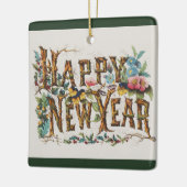 Gelukkig nieuwjaar in boomstammen, eikels en bloem keramisch ornament (Links)