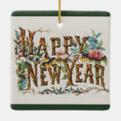 Gelukkig nieuwjaar in boomstammen, eikels en bloem keramisch ornament (Achterkant)