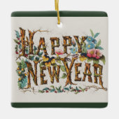 Gelukkig nieuwjaar in boomstammen, eikels en bloem keramisch ornament (Voorkant)