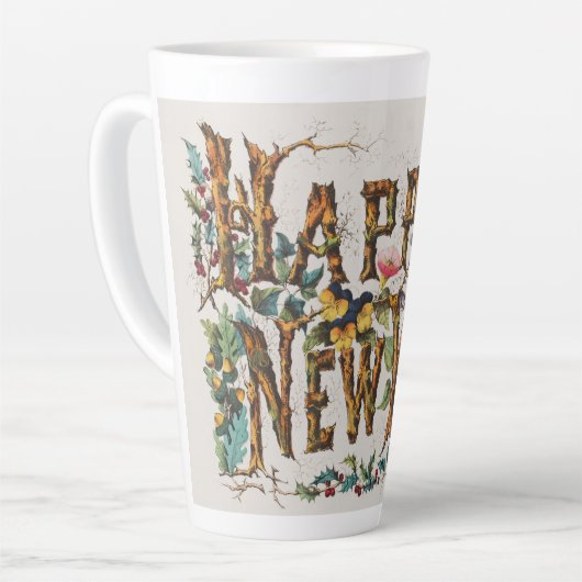 Gelukkig nieuwjaar in boomstammen, eikels en bloem latte mok (Linkerhoek)