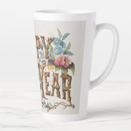 Gelukkig nieuwjaar in boomstammen, eikels en bloem latte mok (Rechts)