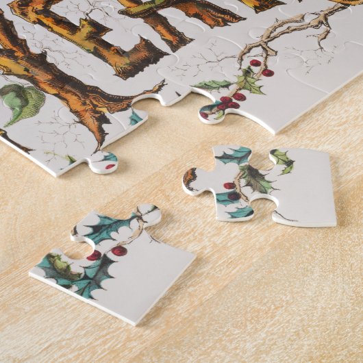 Gelukkig nieuwjaar in boomstammen, eikels en bloem legpuzzel (Zijkant)