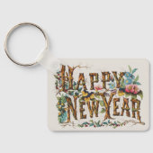 Gelukkig nieuwjaar in boomstammen, eikels en bloem sleutelhanger (Achterkant)